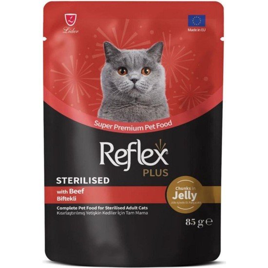 Reflex Plus Sos İçinde Parça Biftek Etli Kısırlaştırılmış Kedi Yaş Maması 85 g – 22 Adet