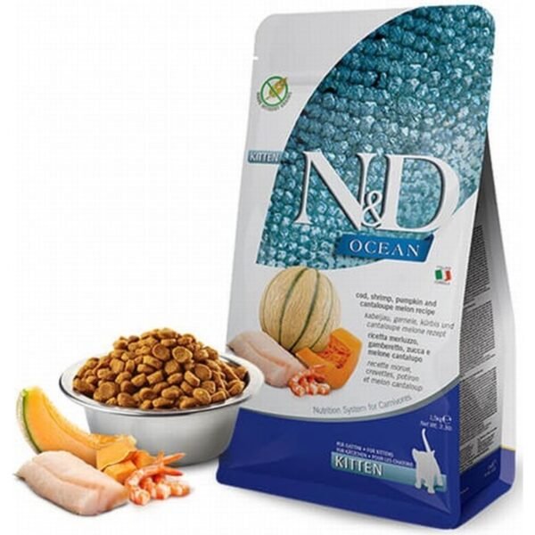 N&D Ocean Morina Balığı, Karides, Balkabağı ve Kavunlu Yavru Kedi Maması 1,5 kg