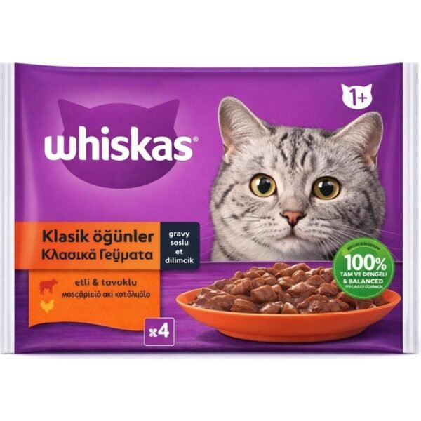 Whiskas Klasik Öğünler Sos İçinde Sığırlı ve Tavuklu Poşet Yaş Mama 340 g (4x85 g) 2'li Paket