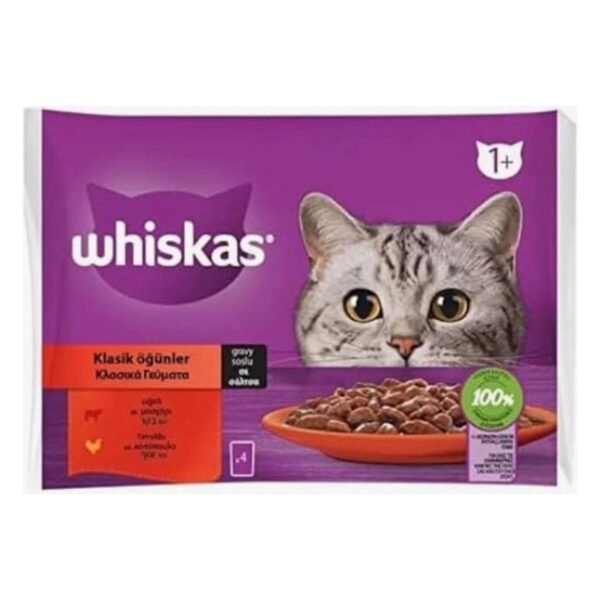 Whiskas Klasik Öğünler Sos İçinde Sığırlı ve Tavuklu Poşet Yaş Mama 340 g (4x85 g) 2'li Paket