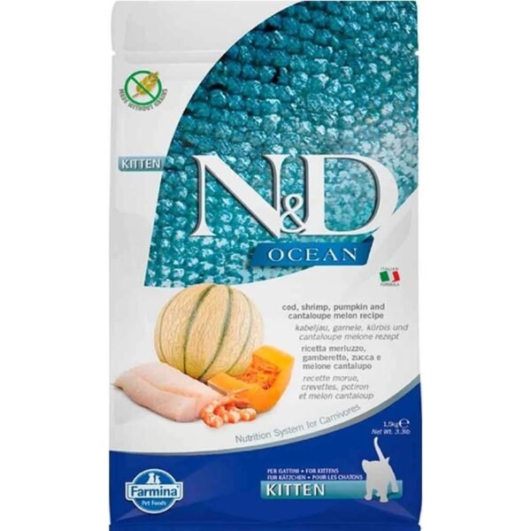 N&D Ocean Morina Balığı, Karides, Balkabağı ve Kavunlu Yavru Kedi Maması 1,5 kg