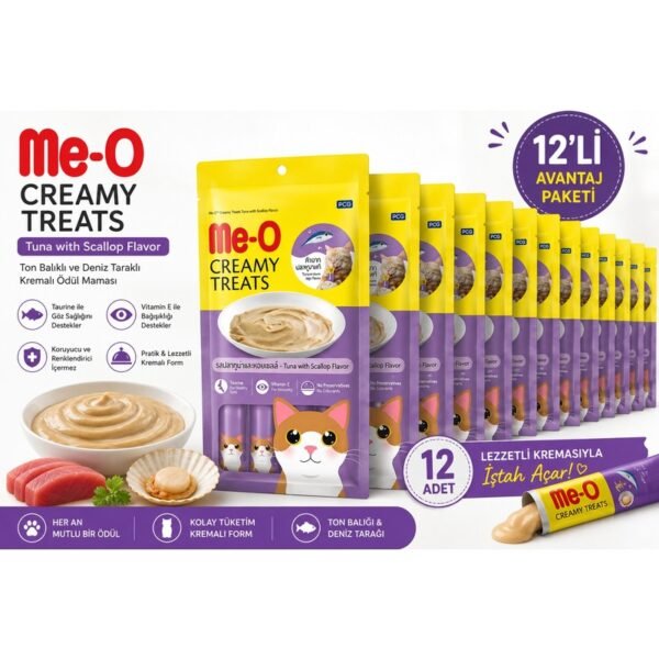 110001985627463-1.jpg Me-O Creamy Treats Ton Balıklı ve Deniz Taraklı Kedi Ödül Kreması 12 Paket – 720 g