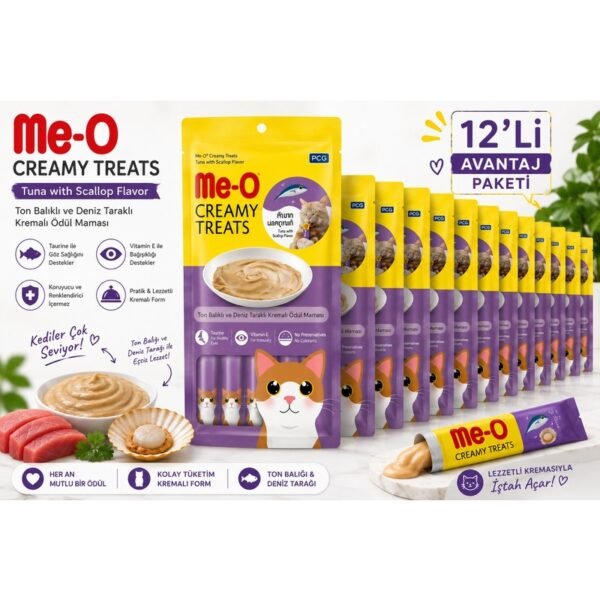 110001985627465-1.jpg Me-O Creamy Treats Ton Balıklı ve Deniz Taraklı Kedi Ödül Kreması 12 Paket – 720 g