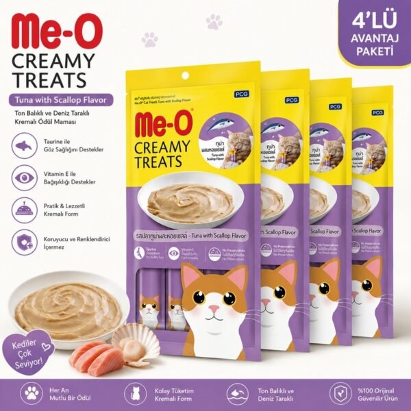 Me-O Creamy Treats Ton Balıklı ve Deniz Taraklı Kedi Ödül Kreması 4 Paket – 240 g