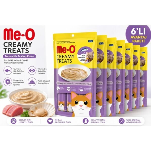 Me-O Creamy Treats Ton Balıklı ve Deniz Taraklı Kedi Ödül Kreması 6 Paket – 360 g