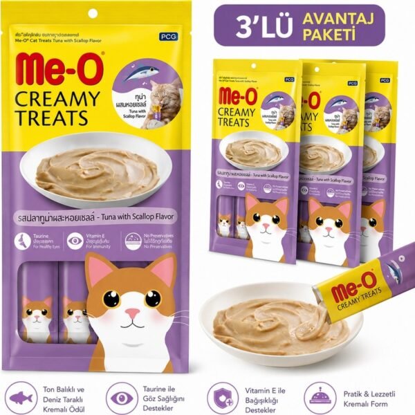 Me-O Creamy Treats Ton Balıklı ve Deniz Taraklı Kedi Ödül Kreması 3 Paket – 180 g