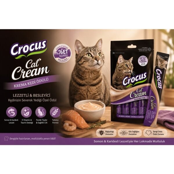 Crocus Cat Cream Somonlu ve Karidesli Krem Kedi Ödül Maması 4X15 G | Vitamin Destekli Sıvı Kedi Ödülü