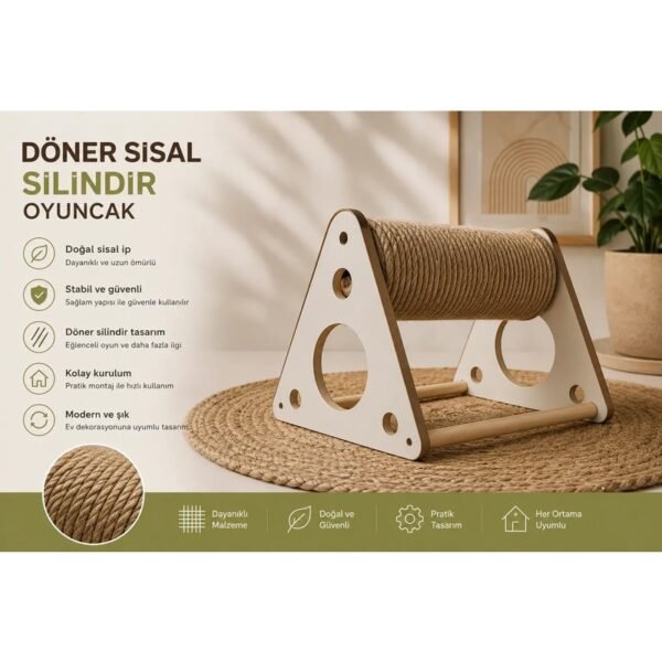 Ahşap Kedi Tırmalama Oyuncağı Döner Sisal Silindir Tırmalama Standı Beyaz
