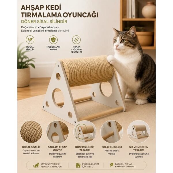 Ahşap Kedi Tırmalama Oyuncağı Döner Sisal Silindir Tırmalama Standı Beyaz