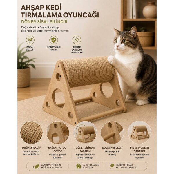 Berksales Ahşap Kedi Tırmalama Oyuncağı Starwood Safir Meşe Doğal Sisal Döner Silindir Tırmalama Standı