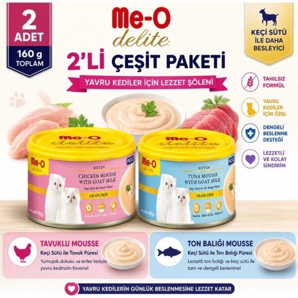 Me-O Delite Keçi Sütlü Tahılsız Yavru Kedi Konservesi 80 g x 2 Tavuklu & Ton Balıklı