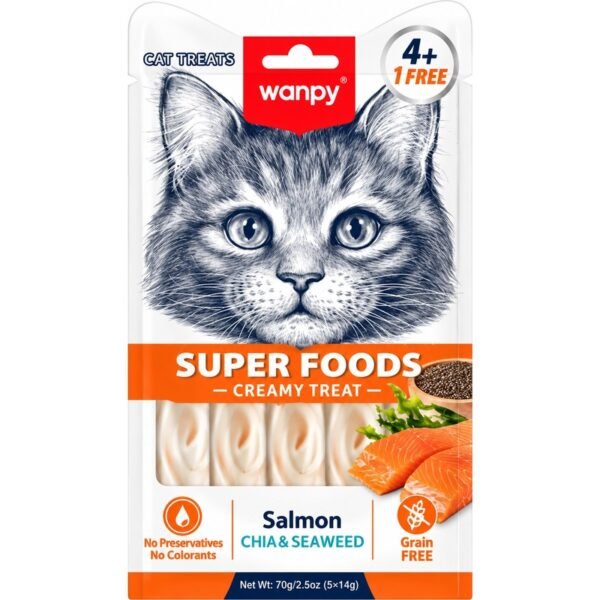Wanpy Super Foods Somonlu Chia ve Deniz Yosunlu Kedi Krem Ödül Maması 70 g x 3 Adet – 210 g