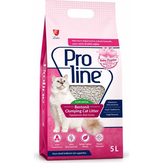 Proline Baby Powder Pudra Kokulu Bentonit Topaklanan Kedi Kumu 5 L + 2 Adet Reflex Plus 85 g Yaş Mama Hediye