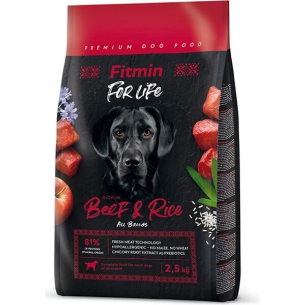 Fitmin Dog For Life Beef & Rice Sığır Etli ve Pirinçli Yetişkin Köpek Maması 2,5 kg + Delibon M Beyaz 12'li Burgu Çubuk