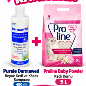 Purele Dermawed Beyaz Kedi ve Köpek Şampuanı 450 ml + Proline Baby Powder Kedi Kumu 5 L Hediye