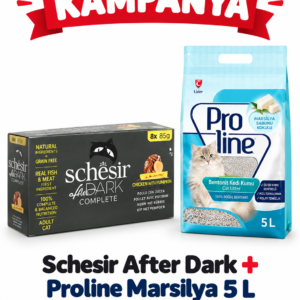 Schesir After Dark Tavuklu, Bıldırcın Yumurtalı, Sığır ve Ördekli Çeşit Paketi 12 x 80 g + Proline Baby Powder Kedi Kumu 5 L Hediye