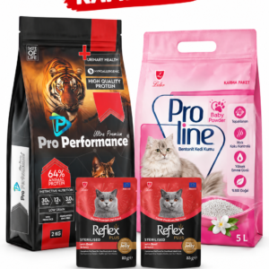 Pro Performance Kuzulu ve Somonlu Kısırlaştırılmış Kedi Maması 2 kg + Reflex Plus Biftekli Kısır Kedi Yaş Maması 2 x 85 g + Proline Baby Powder Kedi Kumu 5 L Hediye