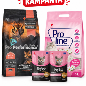Pro Performance Mother Baby Kitten Somonlu ve Pirinçli Yavru Kedi Maması 2 kg + Reflex Plus Kuzulu Yavru Kedi Yaş Maması 2 x 85 g + Proline Baby Powder Kedi Kumu 5 L Hediye