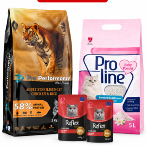 Pro Performance Tavuklu ve Pirinçli Kısırlaştırılmış Kedi Maması 2 kg + Reflex Plus Biftekli Kısır Kedi Yaş Maması 2 x 85 g + Proline Baby Powder Kedi Kumu 5 L Hediye