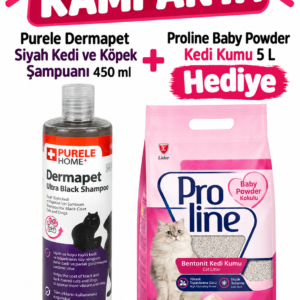 Purele Dermapet Siyah Kedi ve Köpek Şampuanı 450 ml + Proline Baby Powder Kedi Kumu 5 L Hediye