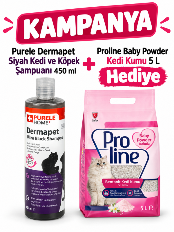 siyahkedipro Purele Dermapet Siyah Kedi ve Köpek Şampuanı 450 ml + Proline Baby Powder Kedi Kumu 5 L Hediye