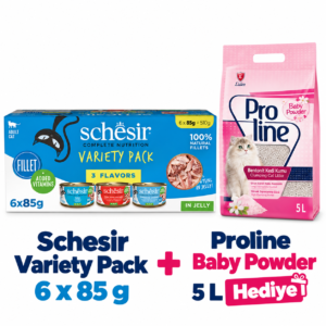 Schesir Variety Pack Jöleli Yetişkin Kedi Yaş Mama 6 x 85 g + Proline Baby Powder Kedi Kumu 5 L Hediye