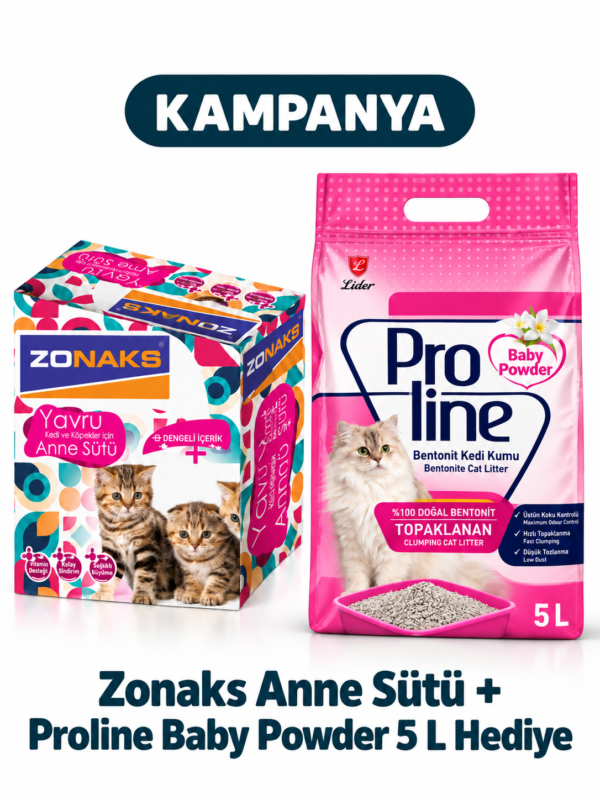 zonaksproline Zonaks İz Element Katkılı Yavru Kedi Anne Sütü Tozu 14 x 15 g + Proline Baby Powder Kedi Kumu 5 L Hediye